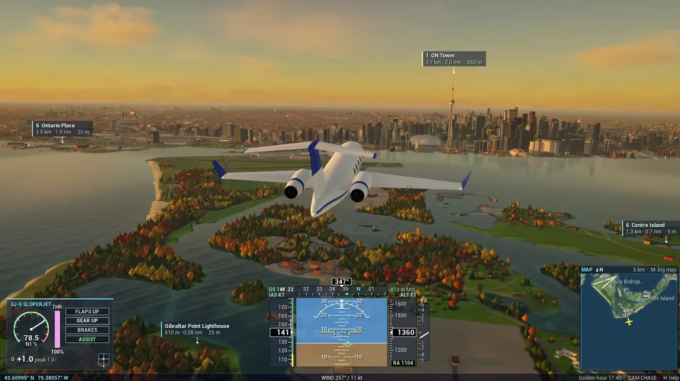 The SJ-9 Sloperjet over the autumn-coloured Toronto Islands at golden hour, heading for the CN Tower.