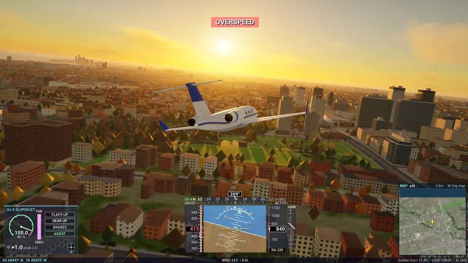 The SJ-9 Sloperjet low over midtown Toronto's mid-rise blocks at sunset, with an OVERSPEED warning on the HUD.